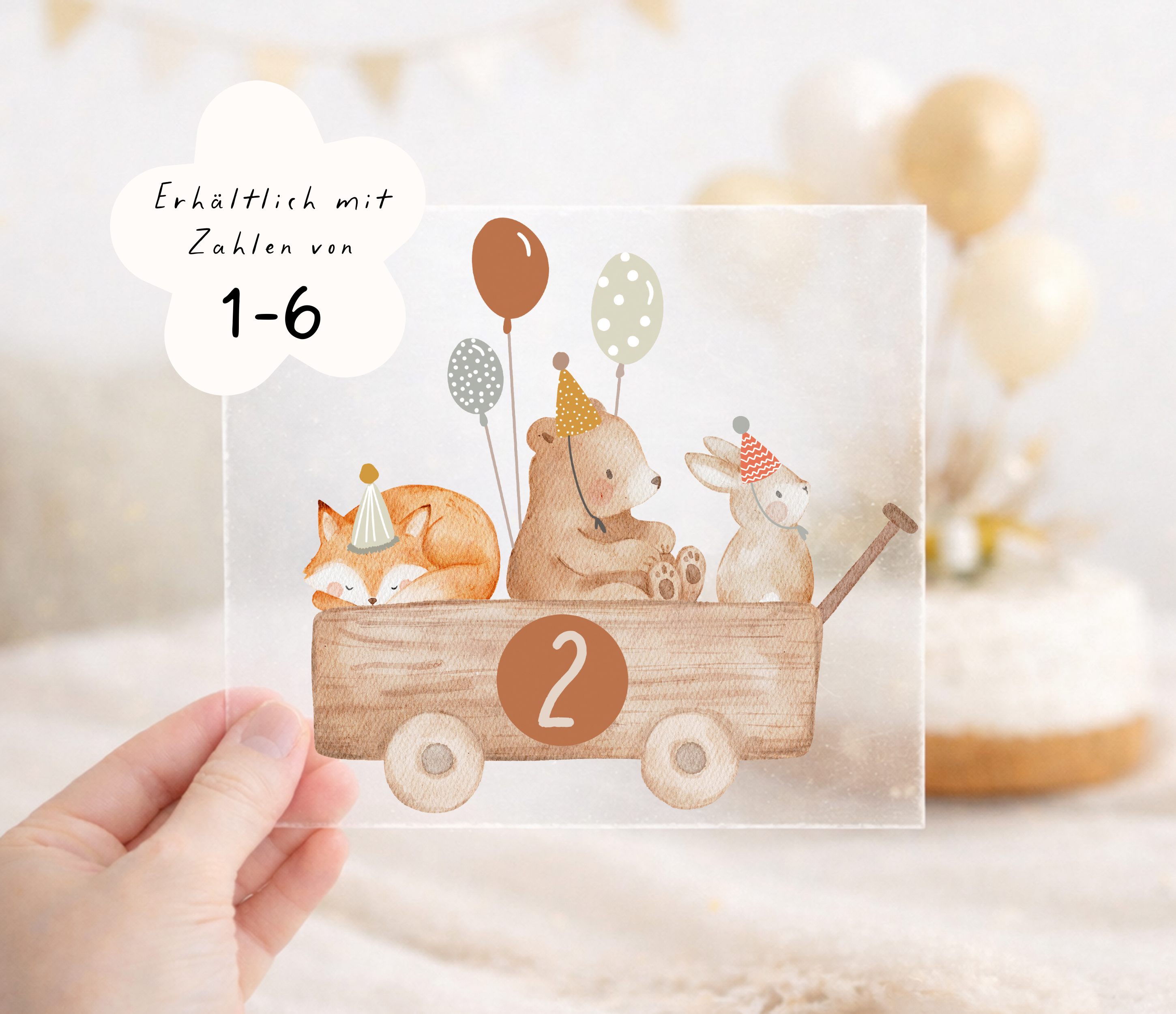Bügelbild zum Geburtstag Zahl 1-6 | Waldtiere im Bollerwagen