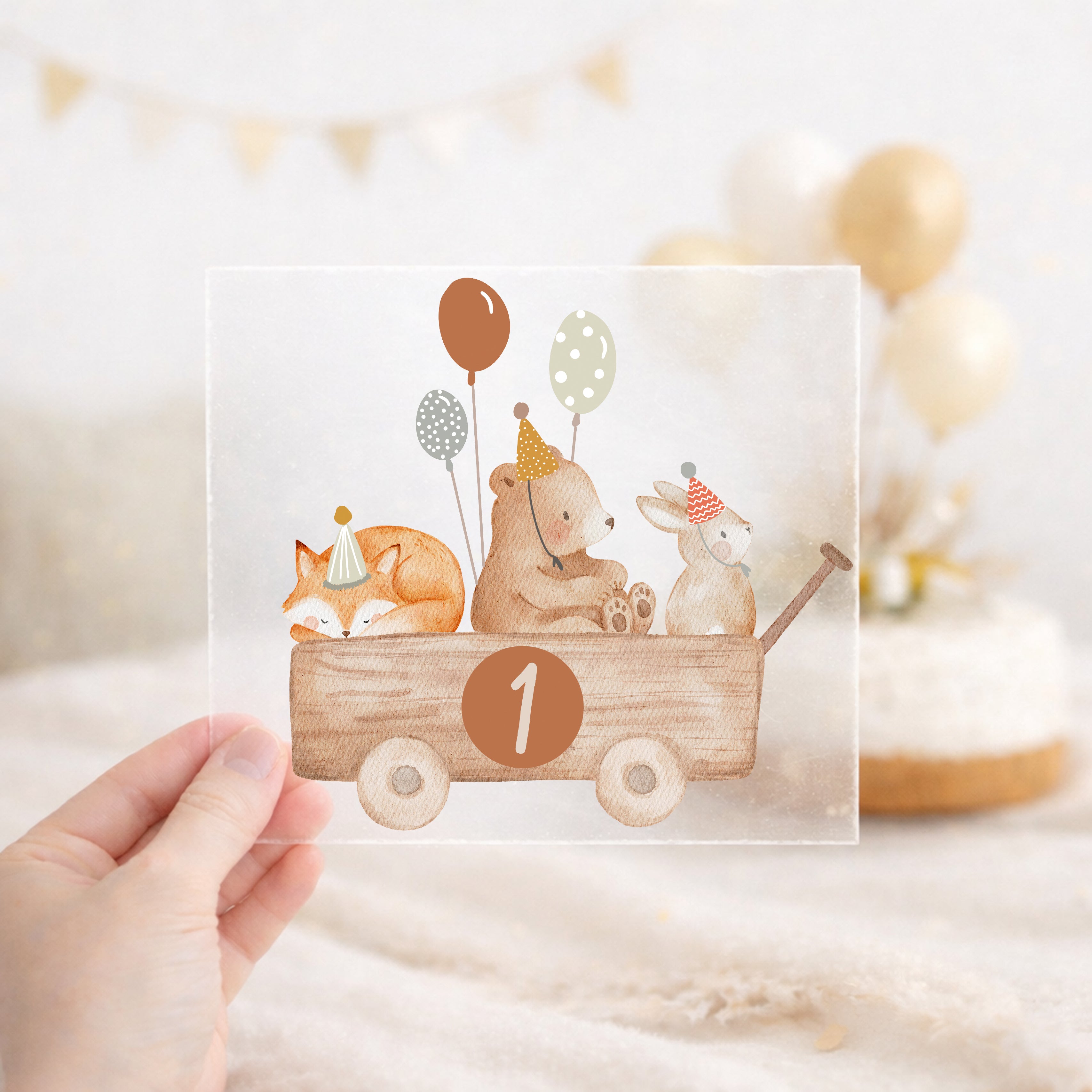 Bügelbild zum Geburtstag Zahl 1-6 | Waldtiere im Bollerwagen