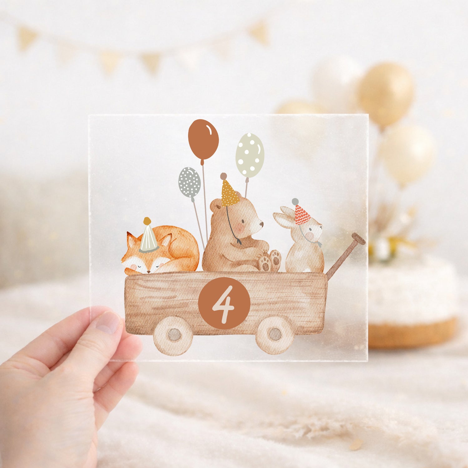 Bügelbild zum Geburtstag Zahl 1-6 | Waldtiere im Bollerwagen