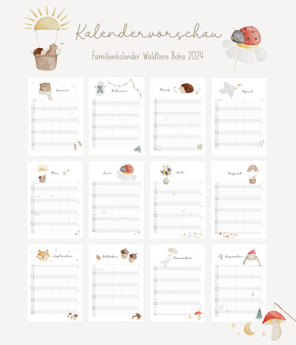 Familienkalender 2024 &quot;Waldtiere Boho&quot; / DIN A3
