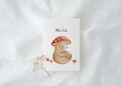 Karte &quot;Alles Gute&quot; mit Bär und Pilzhut