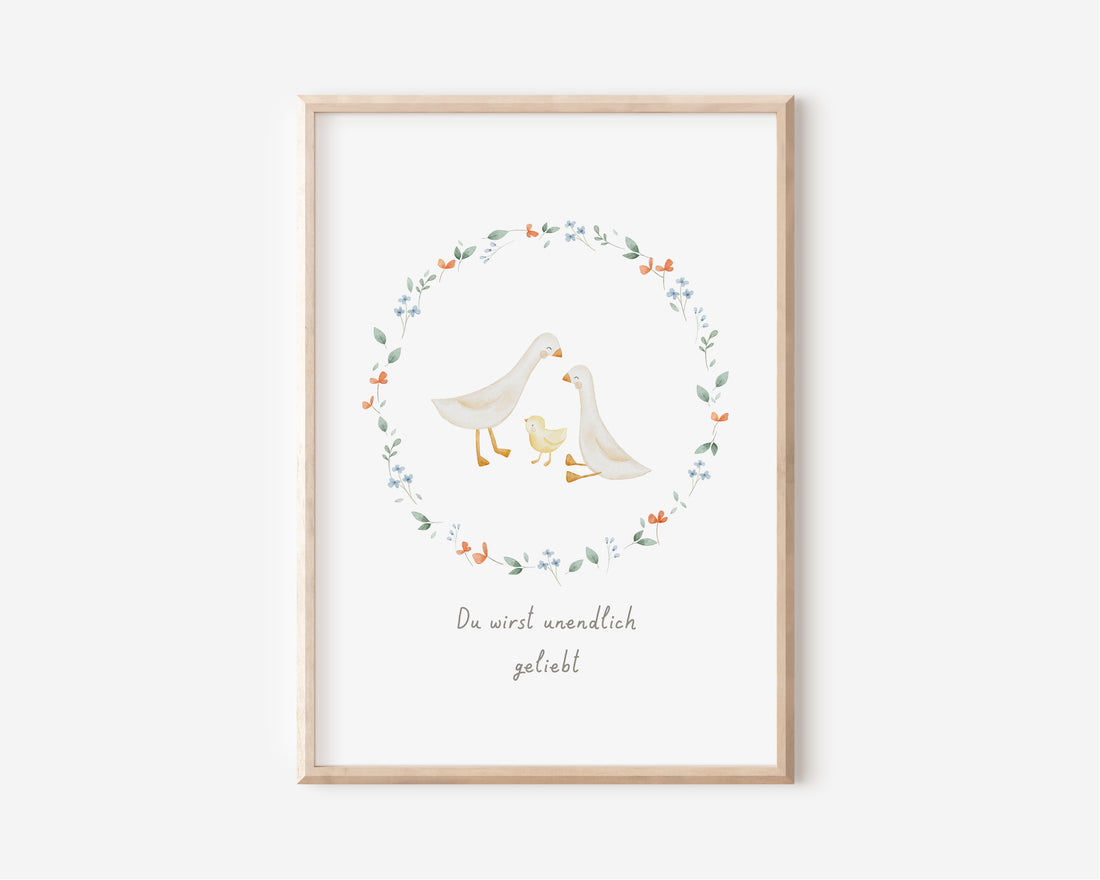 Poster mit Gänsen „Du wirst unendlich geliebt“ / A4