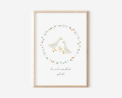 Poster mit Gänsen „Du wirst unendlich geliebt“ / A4