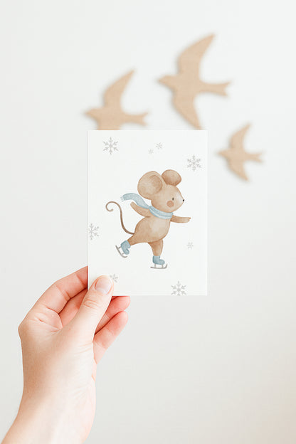 Weihnachtskarte Schlittschuhmaus