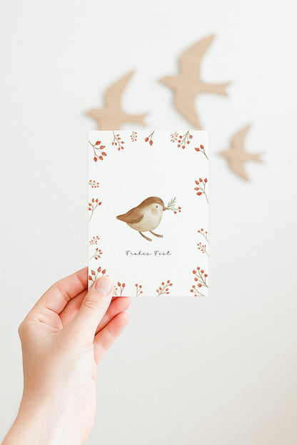 Weihnachtskarte Vogel mit Tannenzweig