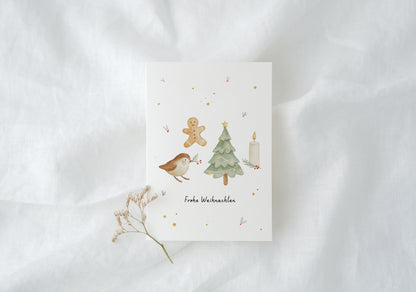 Weihnachtskarte Hygge mit Vogel, Tanne, Lebkuchenmann, Kerze