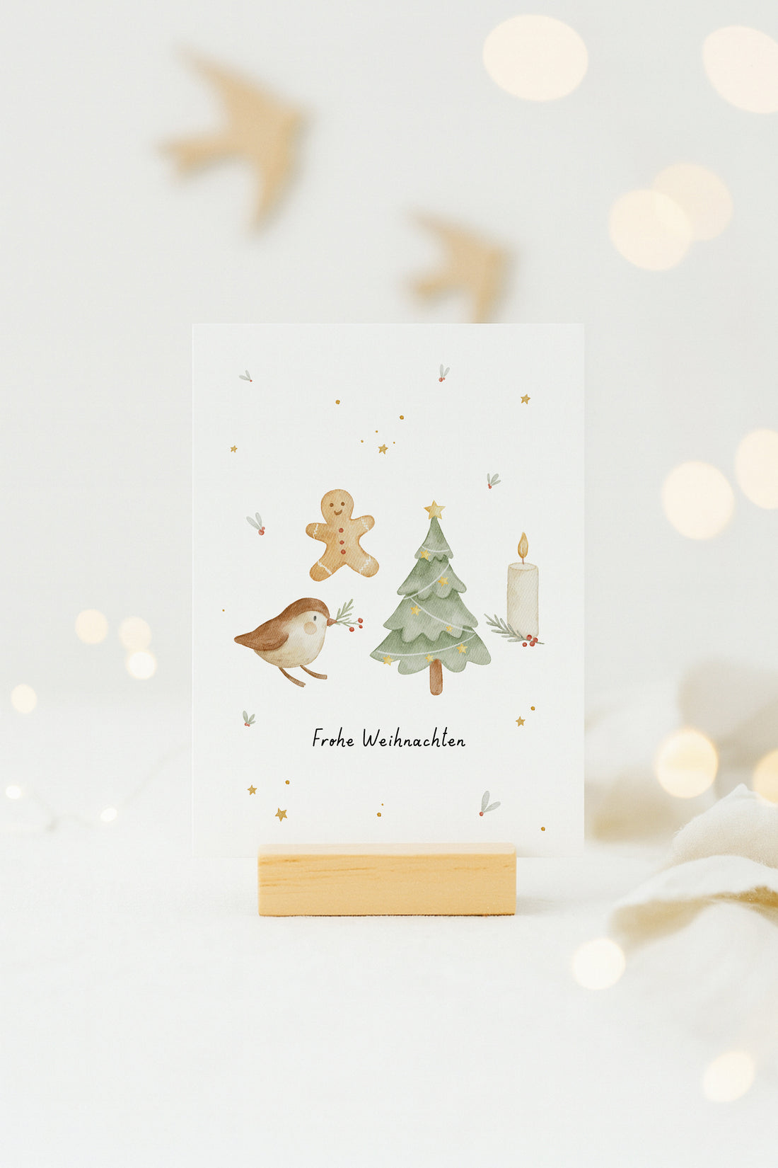 Weihnachtskarte Hygge mit Vogel, Tanne, Lebkuchenmann, Kerze