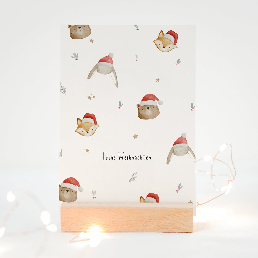 Weihnachtskarte Waldtiere mit Weihnachtsmütze