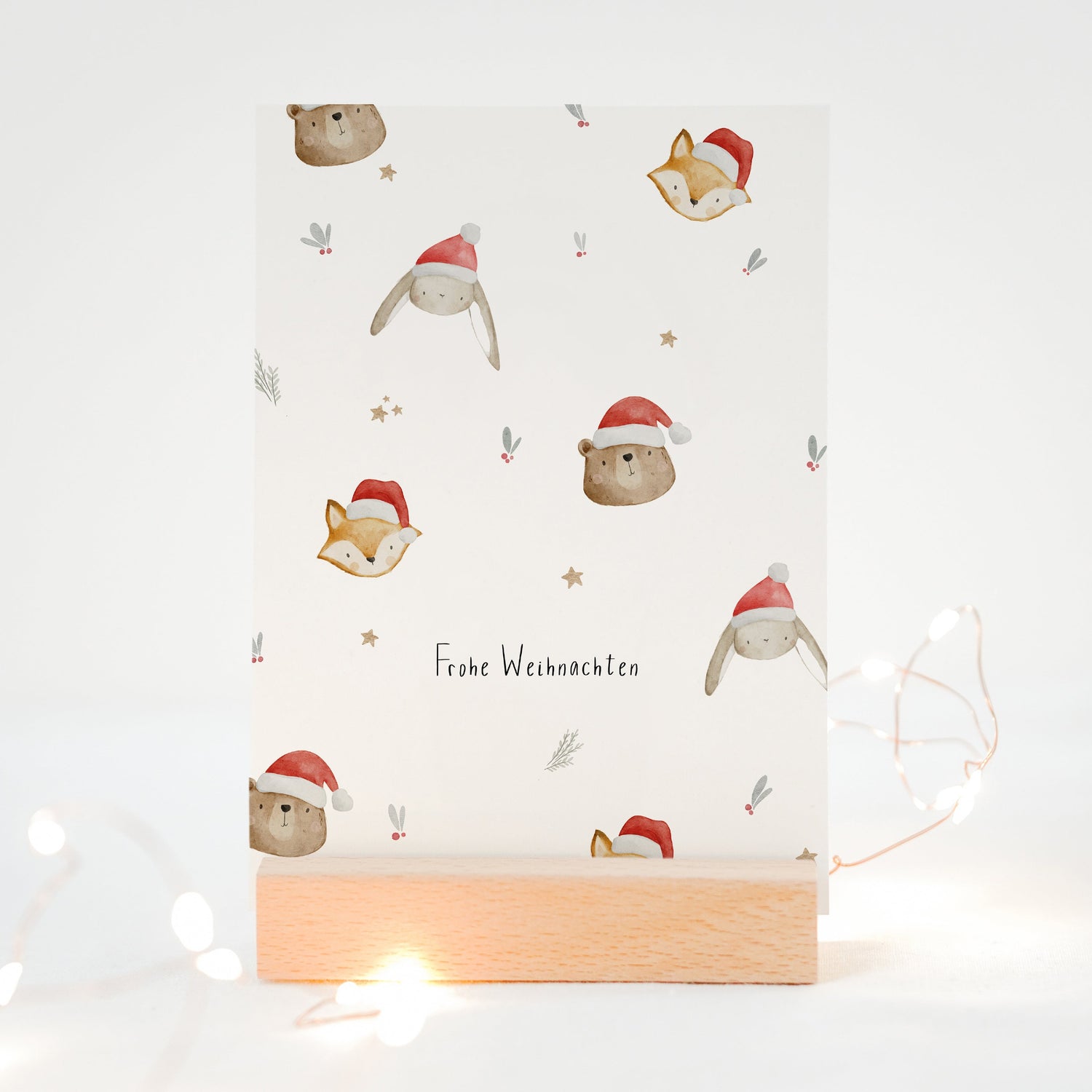 Weihnachtskarte Waldtiere mit Weihnachtsmütze