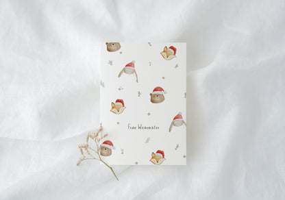 Weihnachtskarte Waldtiere mit Weihnachtsmütze