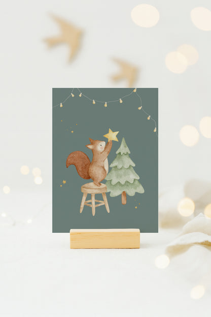 Weihnachtskarten Set Tiere farbiger Hintergrund / 6 Postkarten in Aquarell