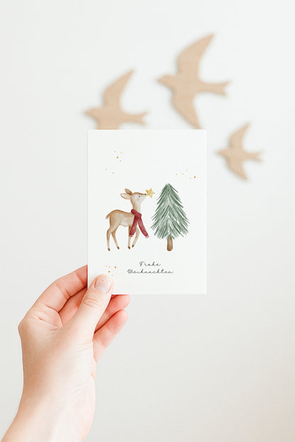Weihnachtskarte Reh &amp; Tannenbaum