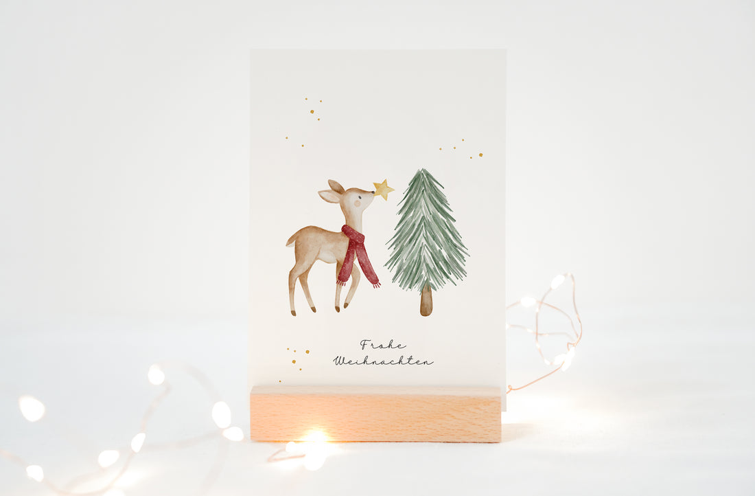 Weihnachtskarte Reh &amp; Tannenbaum