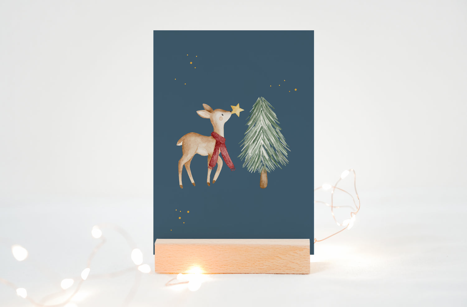 Weihnachtskarte Reh mit Tannenbaum und Stern / Petrol