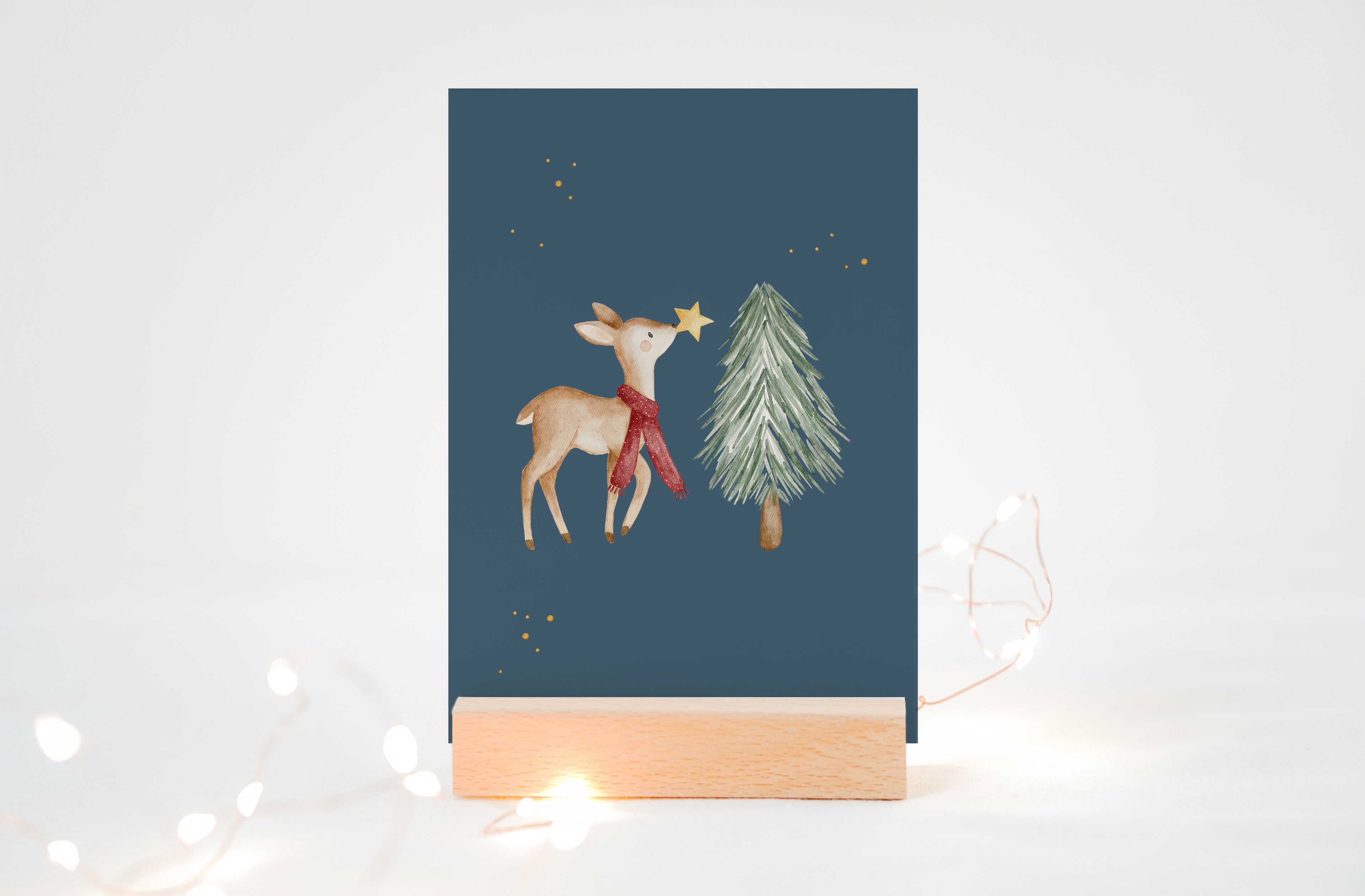 Weihnachtskarte Reh mit Tannenbaum und Stern / Petrol
