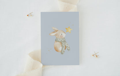 Weihnachtskarte Hase mit Stern / Hellblau