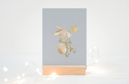 Weihnachtskarte Hase mit Stern / Hellblau