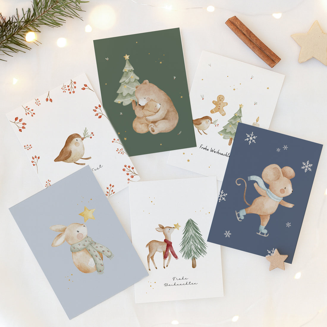 Weihnachtskarten Set Waldtiere farbiger Hintergrund / 6 Postkarten