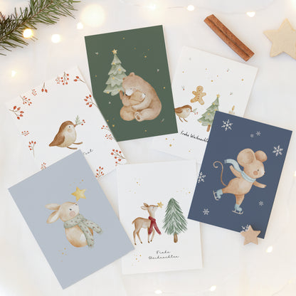 Weihnachtskarten Set Waldtiere farbiger Hintergrund / 6 Postkarten