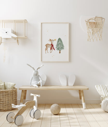 Weihnachtsposter Reh mit Tannenbaum / A4