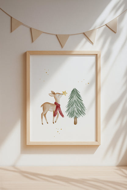 Weihnachtsposter Reh mit Tannenbaum / A4