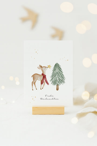 Weihnachtskarte Reh &amp; Tannenbaum
