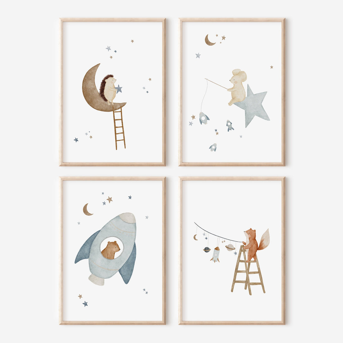 Poster 4er Set Tiere im Weltall / A4 & A3