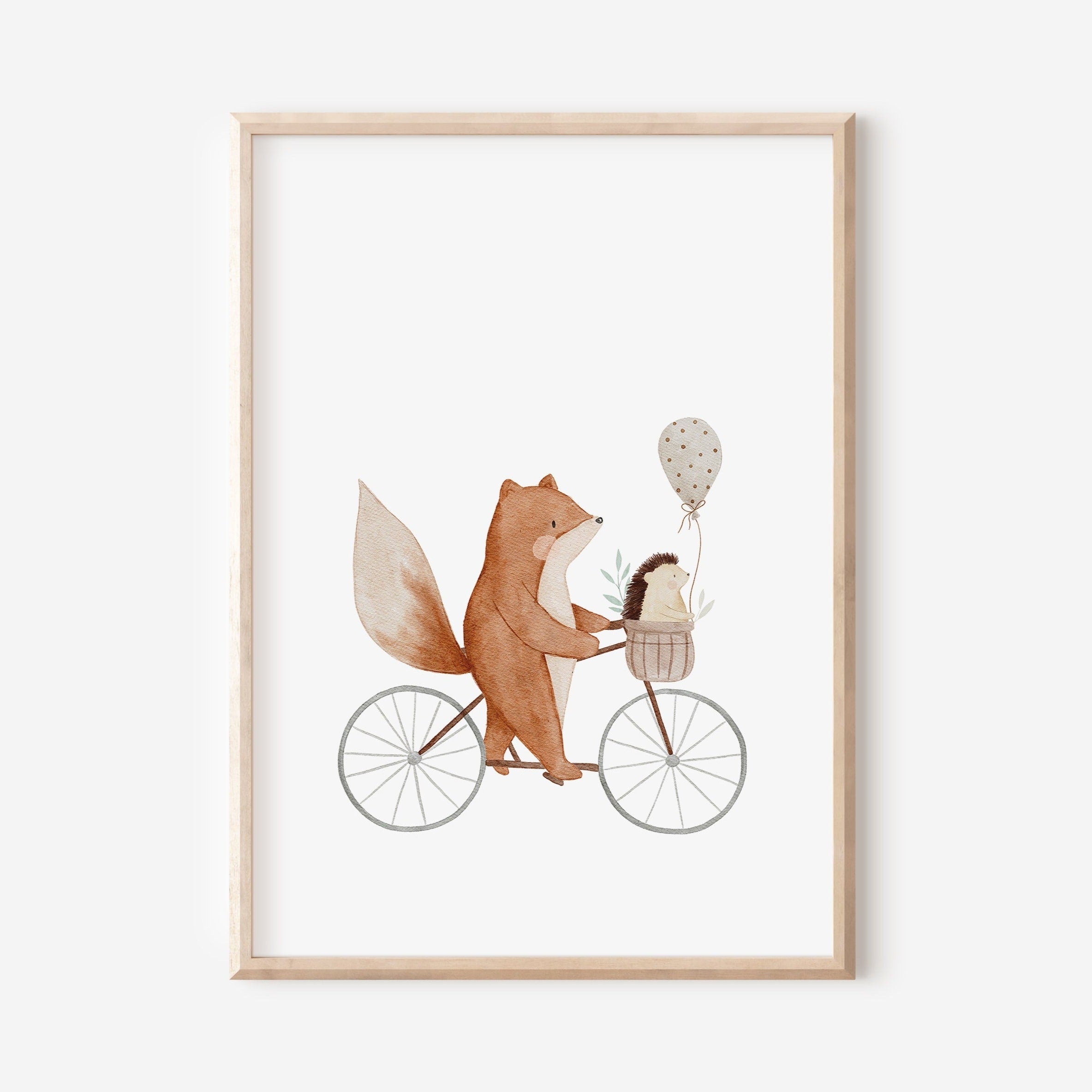Poster Fahrradfuchs Fanny mit Igel und Ballon / A4 &amp; A3