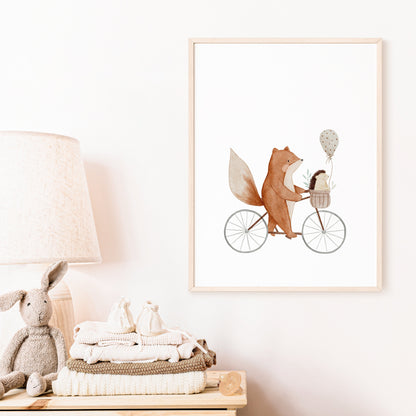 Poster Fahrradfuchs Fanny mit Igel und Ballon / A4 &amp; A3