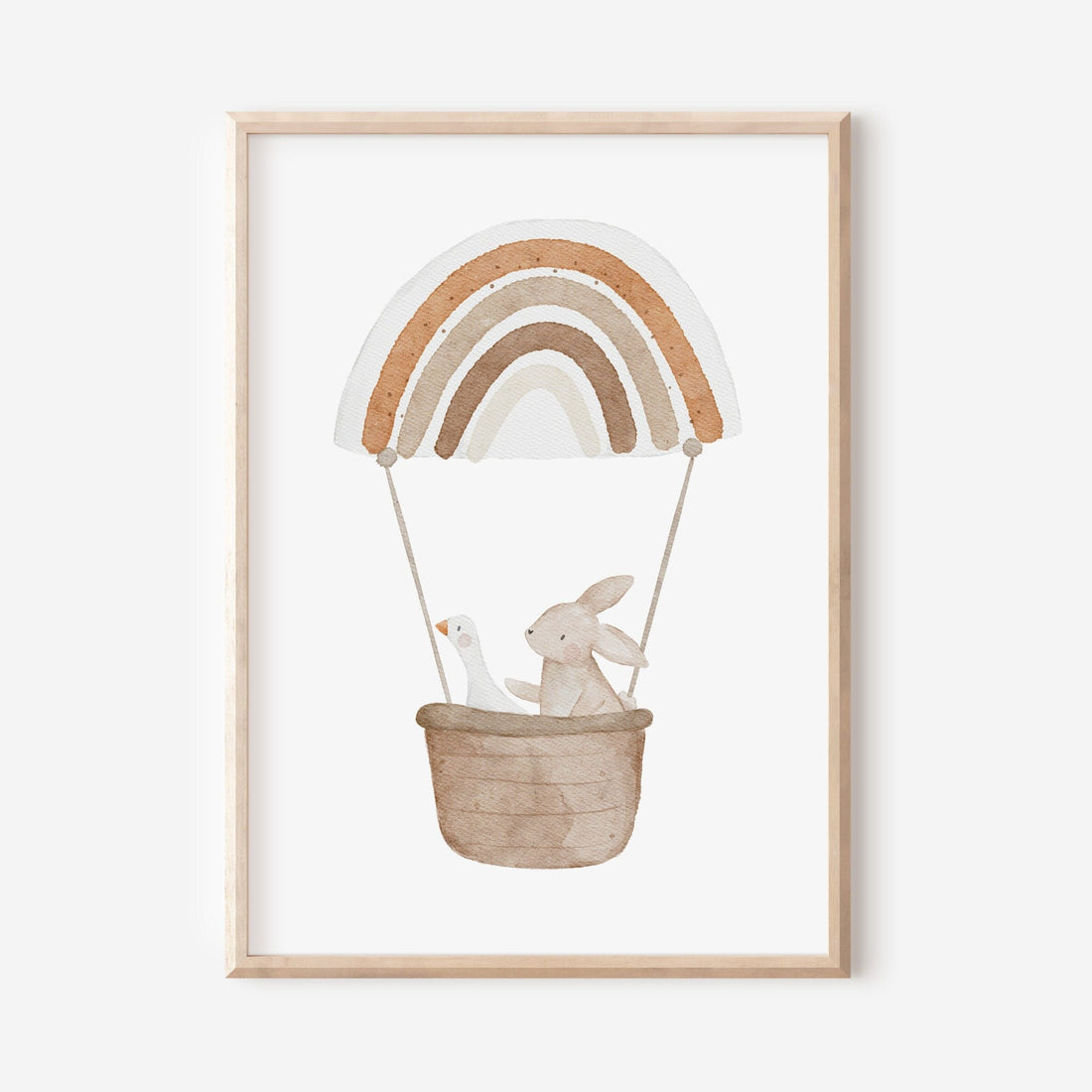 Poster Gans und Hase im Regenbogenheißluftballon / A5, A4, A3, A2