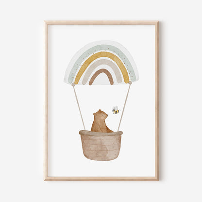 Poster Bär im Regenbogenheißluftballon / A4 &amp; A3