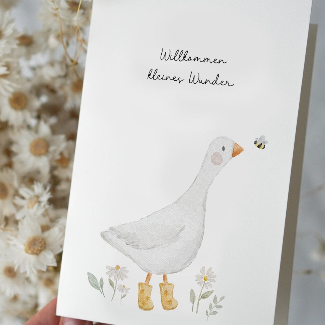 Karte mit Gans "Willkommen kleines Wunder"