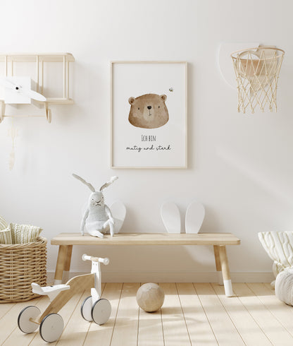 Poster mit Bär &quot;Ich bin mutig und stark&quot; / A4 &amp; A3