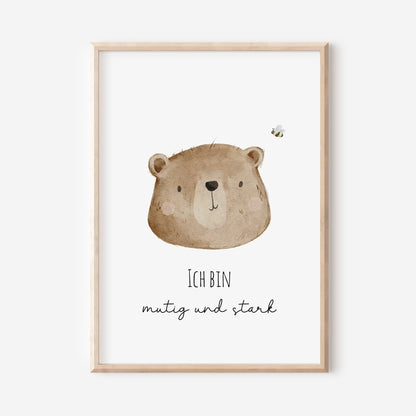 Poster mit Bär &quot;Ich bin mutig und stark&quot; / A4 &amp; A3