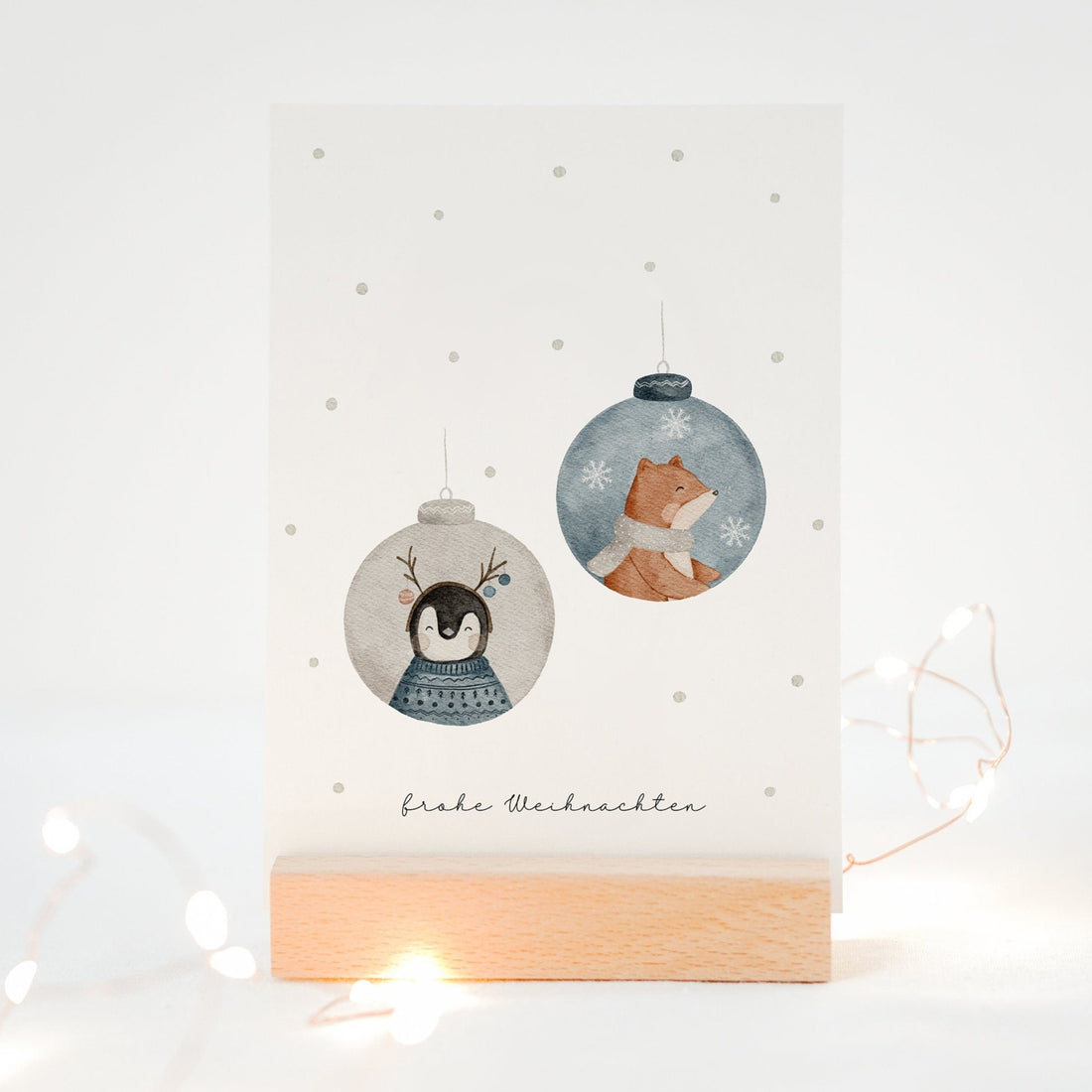 Weihnachtskarte Tiere in Weihnachtskugeln